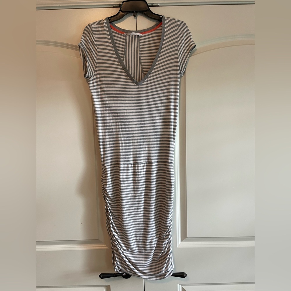 Athleta Gray and White Striped Midi Dress